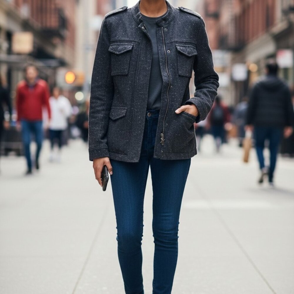 Hinge Dark Blue Jacket Collared Zipper Epaulette … - image 1